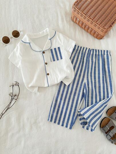 SHEIN Unisex Baby 2pcs/Set White Short Sleeve Shirt Top And Striped Pants Outfit, Suitable For Indoor And Outdoor Wear