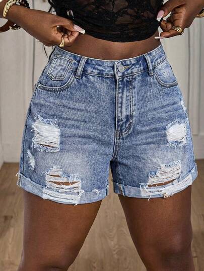 Slaydiva Women's Casual Pocketed Button Distressed Denim Shorts, Versatile For Daily Wear