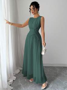 Elenzga Vestido Longo Vintage Elegante de Chiffon Romântico Casual Feminino, Adequado para Praia, Chá da Tarde, Festa, Trabalho, Sem Mangas, Gola Redonda, Cintura com Cordão, Costas Plissadas, Forro, Primavera/Verão - Verde Escuro - Visão 4