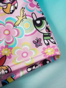 THE POWERPUFF GIRLS X SHEIN Conjunto de camiseta y pantalón corto de niña preadolescente con estampado de dibujos animados - Rosa - Ver 5