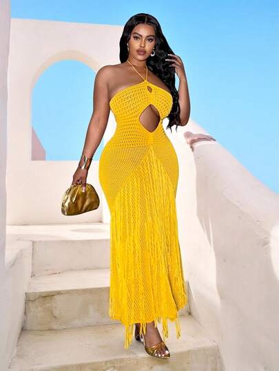 Veslaya 2026 Spring/Summer Plus Size Women's New Music Festival, Easter, Western, Nomadic, Birthday Party, Graduation, Commute, Brunch, Airport, Party, Holiday Outfit - Mustard Yellow Knit Halter Cutout Waist Fringed Bodycon Dress