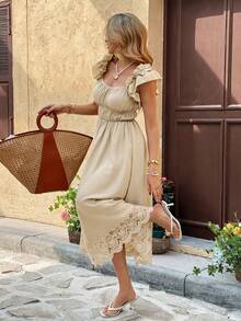 Serisse Women's Casual Lace Patchwork Mid-Length Dress - Apricot - View 6