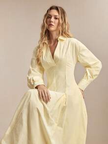 BizChic New Cream Yellow Shirt Dress With V-Neck, Asymmetrical Pleated Hem, Dropped Shoulder, Versatile For Spring/Summer Wear - Light Yellow - View 4