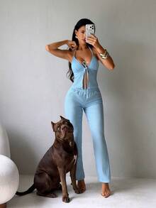 Bonvoyette Summer New Solid Blue Textured Woven Flared Pants, Slimming Drawstring High-Cut Adjustable Waist, Suitable For Parties, Afternoon Tea, Beach, Cruise, Vacation, 3-Piece Women Swimwear Set - Blue - View 1