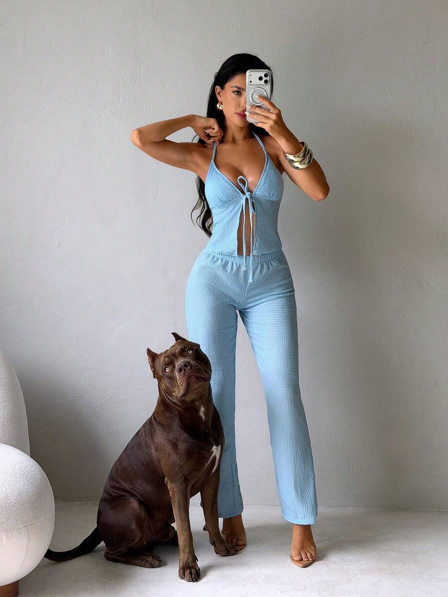 Bonvoyette Summer New Solid Blue Textured Woven Flared Pants, Slimming Drawstring High-Cut Adjustable Waist, Suitable For Parties, Afternoon Tea, Beach, Cruise, Vacation, 3-Piece Women Swimwear Set - Blue - View 1