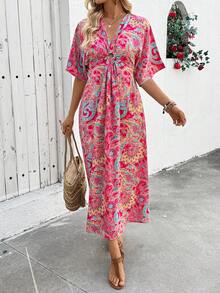 Breezaya Đầm nữ cổ chữ V xếp ly in họa tiết thanh lịch, thích hợp cho mùa hè. - Màu Hồng Tươi - Xem 4