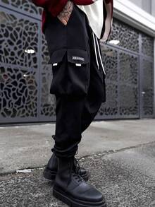 Artur Kramer 男士字母图案翻盖口袋抽绳腰工装裤，秋季 - 黑色 - 查看 6