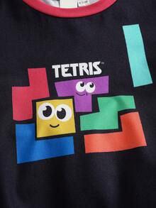 Tetris™ X SHEIN 男婴字母几何印花圆领短袖上衣和短裤休闲家居服套装 - 黑色 - 查看 4