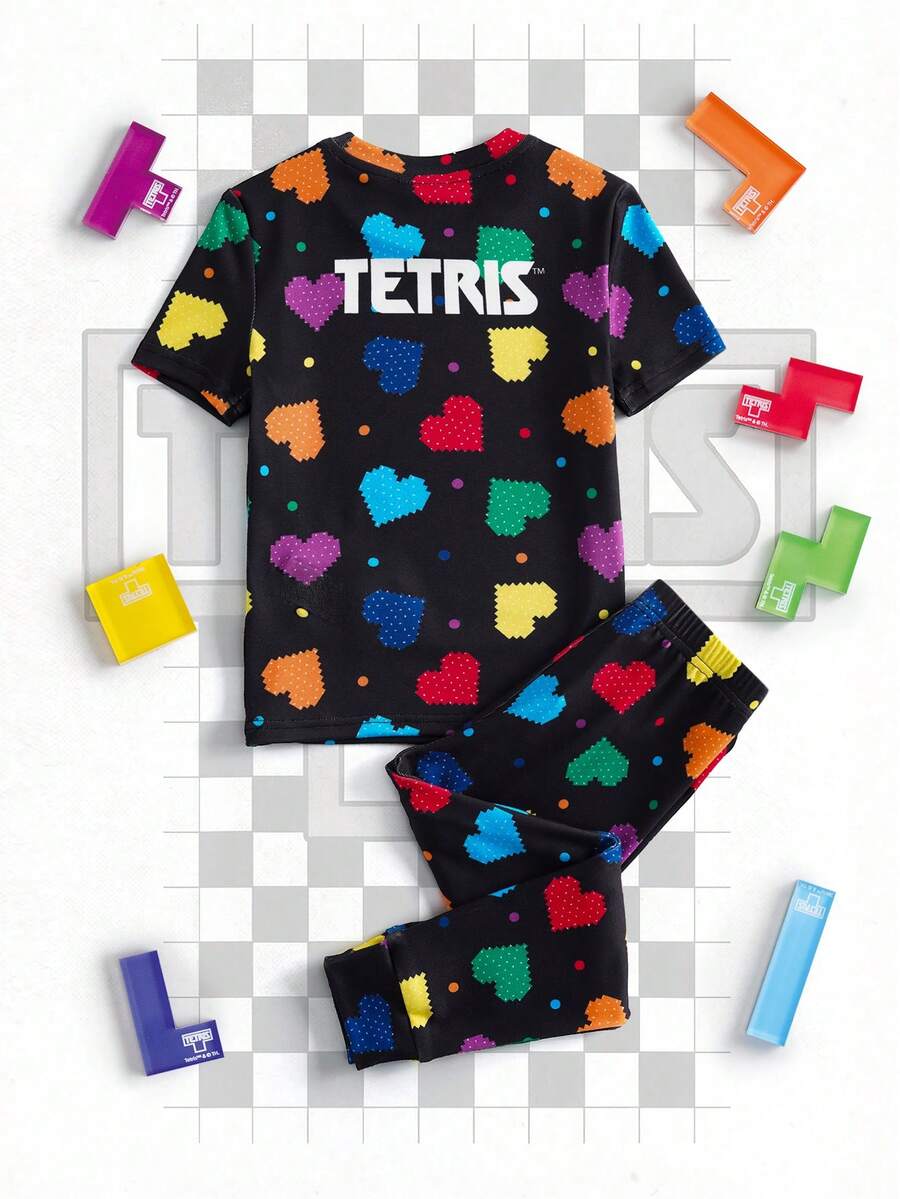 Tetris™ X SHEIN طقم ملابس علوية وسروال ليجنز منزلي للفتاة الصغيرة مطبوع بقلوب ملونة - الأسود - مشاهدة 1
