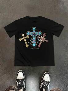 Manfinity EMRG Men's Vintage Faux Jewelry Cross Print T-Shirt, Retro Casual Street Style Tee - Black - View 2