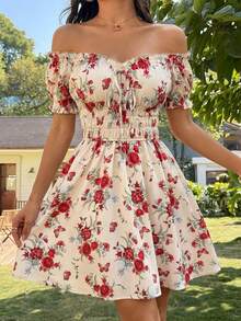 SHEIN VCAY Gaun Mini Lengan Pendek Off Shoulder Motif Tenun Musim Panas untuk Wanita, Pakaian Musim Panas untuk Wanita, Pakaian Liburan Wanita - Aprikot - View 9