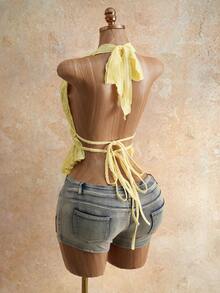 Mistrie 女士提花针织性感露背吊带背心，度假必备 - 淡黃色 - 查看 2