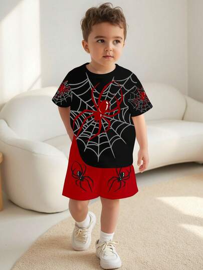 SHEIN Young Boy Spider Print T-Shirt And Shorts Set, Casual,Kids