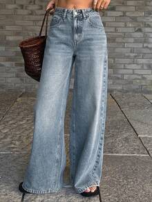 DAZY 女士低腰宽松直筒休闲牛仔裤 Y2k - 中等水洗藍 - 查看 3