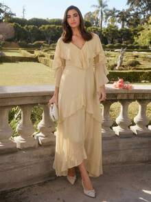 Enchnt 法式浪漫飘逸荷叶边V领收腰连衣裙 - 杏色 - 查看 2