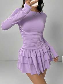 SHEIN EZwear 女士优雅薰衣草色荷叶边长袖连衣裙 - 淡紫色 - 查看 5