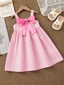 SHEIN Young Girl Woven Striped 3D Bow Casual Slip Dress,Kids Pastel Pink,Summer,Fairy,Beach,Holiday Clothes,Girls Sundress Birthday Outfits - Baby Pink - View 6