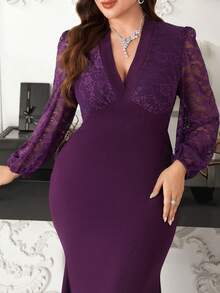 Modelyn Plus Size Women Elegant Lace Patchwork Lantern Sleeve Cross V-Neck Midi Dress, Suitable For Commuting - Purple - View 3