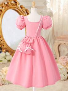 女童粉色甜美公主风连衣裙，配有蝴蝶结、泡泡袖、褶裥腰身、方领和配套手提包，适合生日派对、聚会、郊游等场合。 - 粉色 - 查看 2