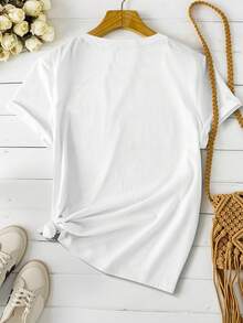 EMERY ROSE 复古豹纹爱心羽毛图案圆领短袖V领休闲T恤，女士夏季款 - 白色 - 查看 2