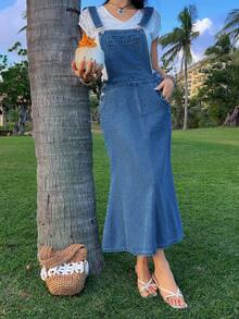 DAZY 女士休闲水洗牛仔背带裙，鱼尾下摆，春夏款 - 藍色 - 查看 9