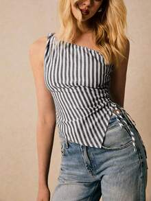 Poéselle Women's Striped Asymmetric Hem Sleeveless Top - Black and White - View 7