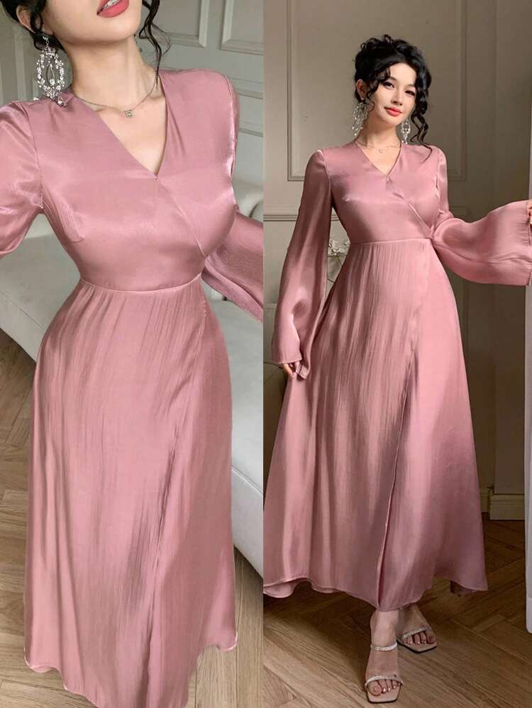Women's Elegant Solid Color V-Neck Flare Sleeve Dress, Spring/Summer Wedding Guest Dress Sundress