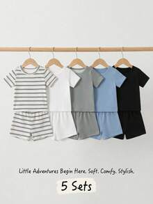 SHEIN Playful Pals 2件套幼儿男童休闲纯色圆领短袖T恤短裤套装，多色5件装，适合夏季 - 彩色 - 查看 11