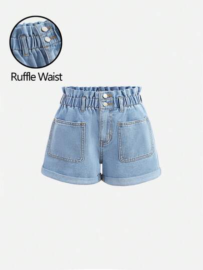 Girlism Tween Girls Summer Casual Light Washed Cute Ruffle Waist Pocket Rolled Hem Baggy Wide Leg Loose Casual Jean Shorts,Spring / Summer,Comfortable & Chic Outfits,Casual & Street Style, Summer,Suitable For Spring And Summer Wear,Summer Holiday Boho Outfits,Women Summer Denim Short,Beach Vacation Holiday Outfits For Women,Drawstring Waist Shorts,Summer Clothing,Vacation Style,For Beach Vacation,Y2k Clothes Outfits,Graduation Outfit