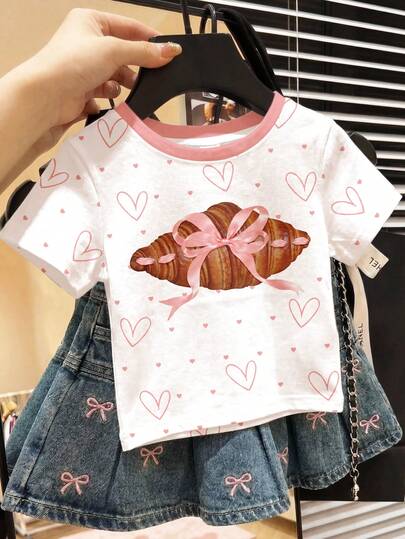 SHEIN Vintage Cute Pink Bow & Heart Print Pattern, Young Girl Casual Round Neck Short Sleeve T-Shirt, Suitable For Summer