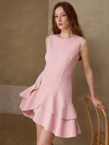 MOTF PREMIUM ASYMMETRICAL HEM MINIMALIST ROUND NECK SHORT DRESS - Pink - View 1