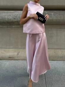 Siren Gaze Women's Pink,Summer,Elegant,Wedding Ninang Mandarin Collar Tank Top And Skirt 2-Piece Set,Mauve Modest Formal Outfits,Ladies Casual 2 Pieces Skirt - Pink - View 1