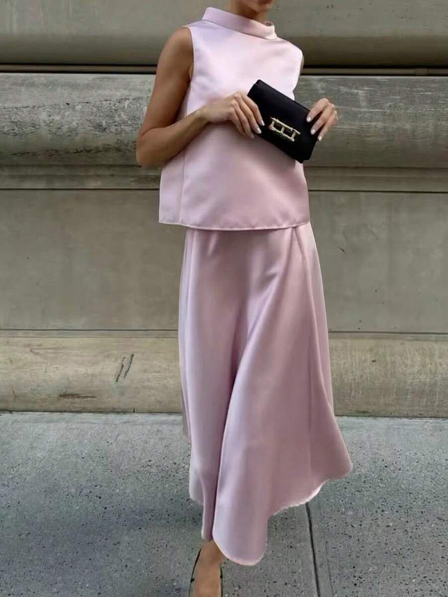 Siren Gaze Women's Pink,Summer,Elegant,Wedding Ninang Mandarin Collar Tank Top And Skirt 2-Piece Set,Mauve Modest Formal Outfits,Ladies Casual 2 Pieces Skirt - Pink - View 1