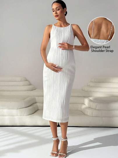 MaterniWear Summer Outfit Maternity Work Clothes Maternity Work Outfits   Maternity Work Dresses White Jacquard High-Elasticity Slim-Fit Maternity Dress With Pearl Shoulder Straps Maternity Solid Color Round Neck Fitted Elegant Sleeveless Dress,Old Money Style White Bodycon Dress Women White Dress Elegant White Pearl Dress Bandage Dress For Women See Through Dress White Maternity Dress Pregnancy Dress Bump Friendly Dress Pregnancy Clothing Tall Dress Pearl Strap Dress Pearl Shoulder Strap Dress