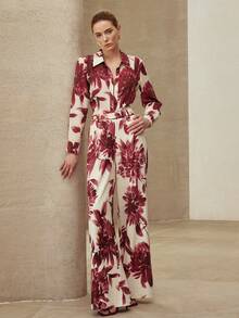 MOTF PREMIUM 亚麻印花极简直筒阔腿裤，春夏款 - 酒紅色 - 查看 7