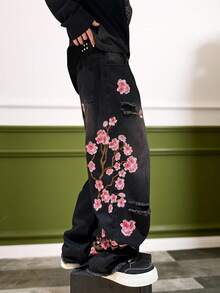 GALLERY FADE Herren Streetwear Mode Pflaumenblüten Stickerei verwaschen Weite Jeans, Grunge - Schwarz - Übersicht 1