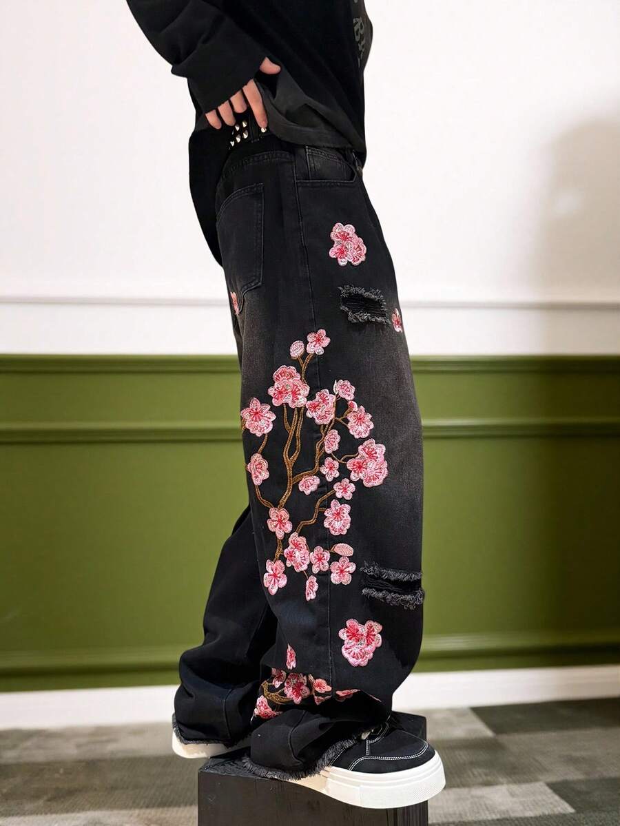 GALLERY FADE Herren Streetwear Mode Pflaumenblüten Stickerei verwaschen Weite Jeans, Grunge - Schwarz - Übersicht 1