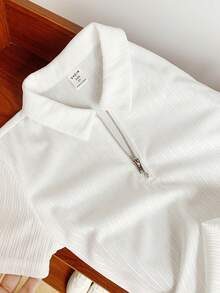 SHEIN Young Boys' Casual School Collar Short Sleeve Polo Shirt, Solid Color Textured Fabric, Suitable For Commuting, School, Leisure, Sports, Spring/Summer - White - View 8