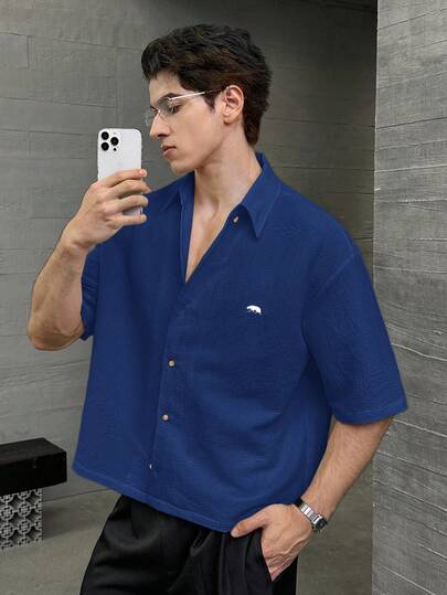 NEON BLANC Men's Casual Fashion Woven Short Sleeve Shirt With Embroidered Polar Bear Design, Suitable For Summer