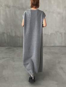 FRIFUL Vestido casual largo de cuello redondo y media cremallera para mujer - Gris - Ver 5