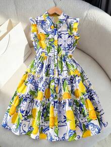 Sparklyn Tween Girl Puff Sleeve Collared Mid-Length Dress With Knitted Belt,Holiday Summer Travel Summer Holiday - Multicolor - View 5