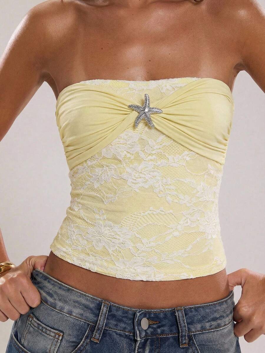 SHEIN BAE 女士蕾丝拼接海星装饰抹胸上衣，适合海滩度假、休闲外出和朋友聚会，春夏款 - 黃色 - 查看 1