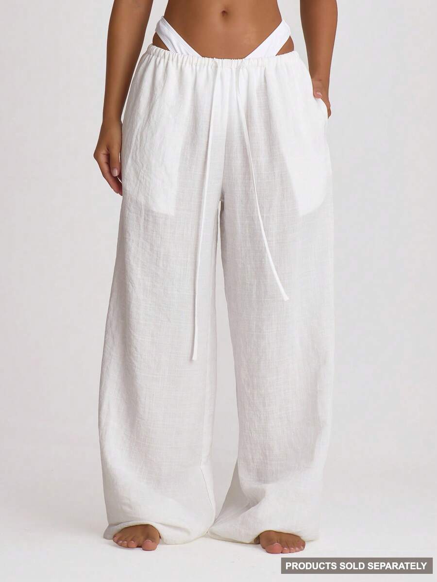 Musera Resort 抽绳阔腿亚麻裤罩衫,适合游泳、度假、夏季旅行、海滩穿着,是单身派对、婚礼、新娘告别单身派对、纯色度假风的理想之选。 - 白色 - 查看 1