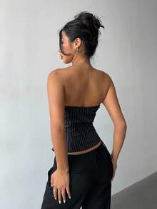 Aloruh 女士秋冬新款通勤日常外出收腰紧身不对称褶皱条纹深灰色上衣 - 深灰色 - 查看 2