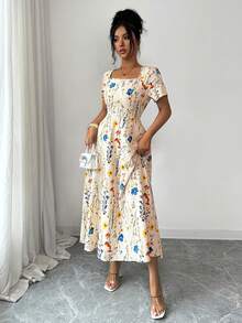 Elenzga Vestido de mujer con cuello cuadrado sin mangas con estampado floral - Albaricoque - Ver 6