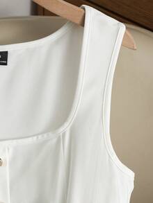 GlowEve Women's Sleeveless Square Neck Knit Elastic Metal Buckle Flared A-Line Cinched Waist Long Dress, White, Fashionable & Elegant, Summer - White - View 3