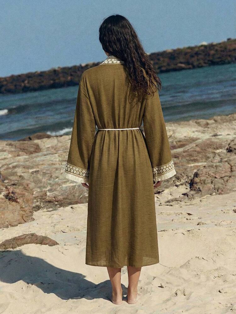SHEIN Maija Elegant Minimalist Tassel Trim Rhinestone Decor Tie Front Long Sleeve Cover Up,Vacation Outfits Women,Summer Holiday Outfits ,Beach Vacation Outfits For Women Matcha Moroccan Kaftan Dress Beach Cover Up Women Resort Wear Women Olive Green Earthy Clothes Women Holiday Outfits For Women Beach Wear Women Cover Up Beach Cover Up Women's Holiday Clothes Cover Ups For Swimwear