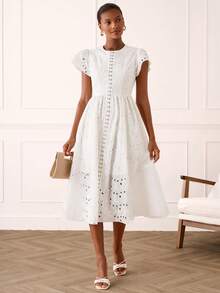 Lilora Women's Elegant White Summer Dress,Embroidered Eyelet Midi Dress With Puffy Short Sleeves,Sophisticated Graduation,Resort Wear & French Style Picnic - White - View 8