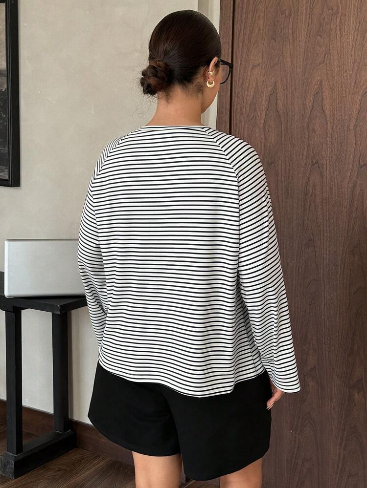 Dazy Plus Plus Size Women Round Neck Striped Long Sleeve Top And Straight Leg Shorts Pajama Set, Spring/Summer