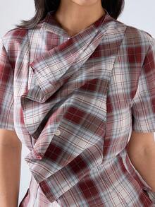 LYSMO 女士格子荷叶边休闲日常短袖衬衫 - 紅白色 - 查看 7